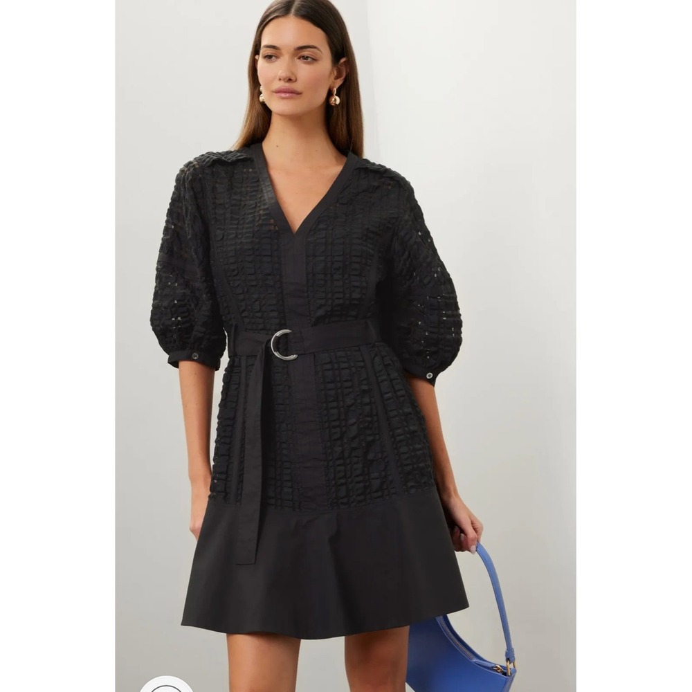 3.1 Phillip Lim Puff Sleeve Dress Black Textured‎ V Neck Belted Mini Sz 8